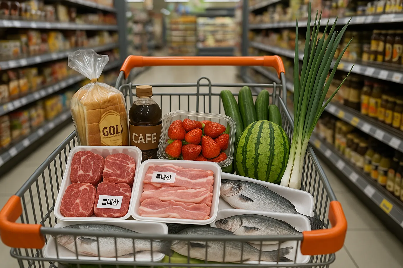 장바구니에 다양한 식품들이 담긴 모습. AI 이미지 생성