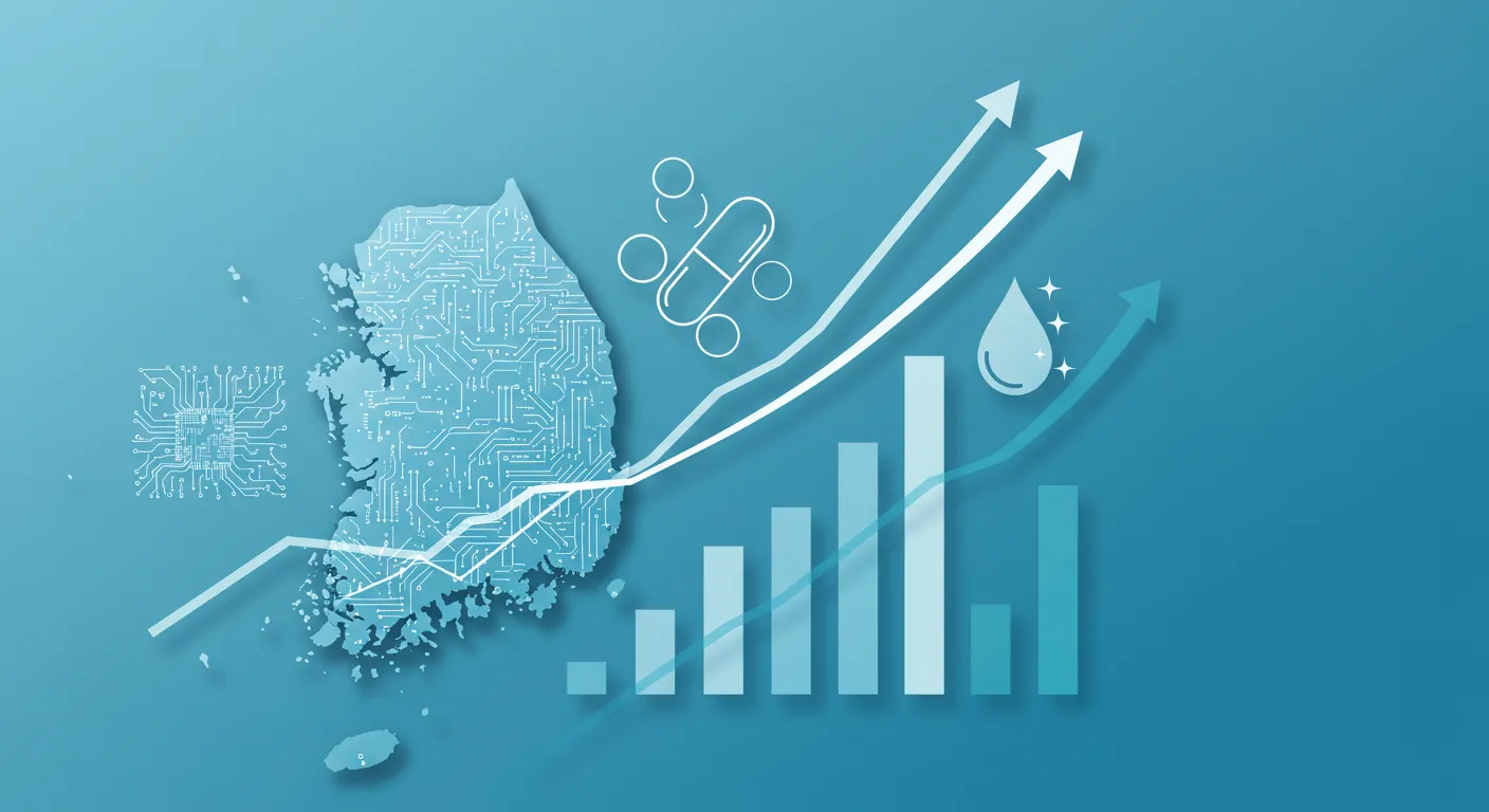 반도체, 헬스케어, 화장품 분야의 수출 증가를 표현한 이미지. AI 생성 이미지