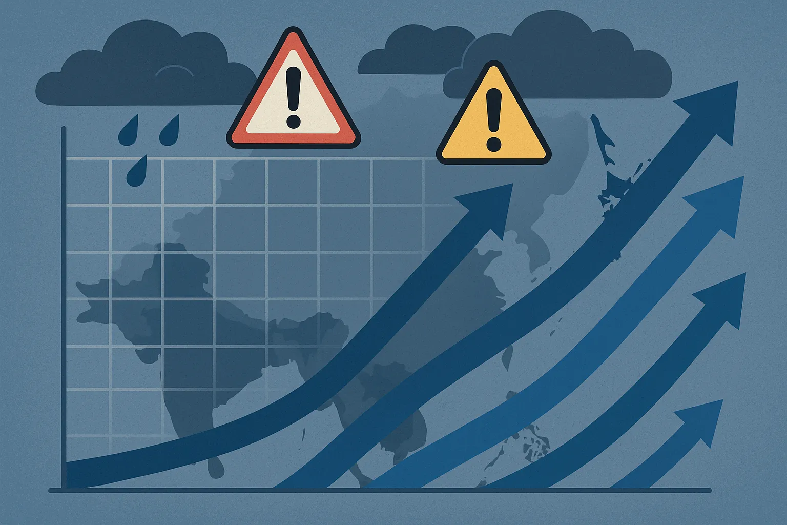 상승하는 그래프(매출 성장 상징)와 동아시아 지도 위에 폭풍 구름과 경고 표시(중국 시장의 잠재적 문제 상징)가 겹쳐진 그래픽 디자인 일러스트레이션. AI 생성 이미지
