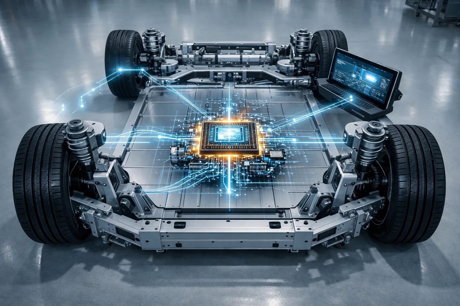 미래형 소프트웨어 정의 차량의 중앙집중형 컴퓨팅 시스템과 AI 반도체 아키텍처를 시각화한 이미지. AI 생성 이미지.