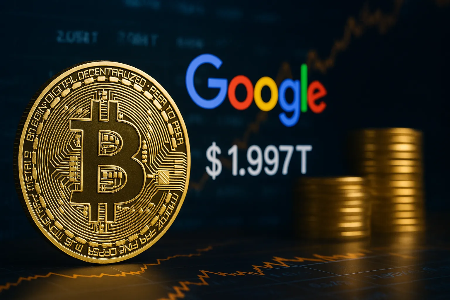 구글의 시총을 뛰어넘은 비트코인을 표현한 이미지. AI 생성 이미지.