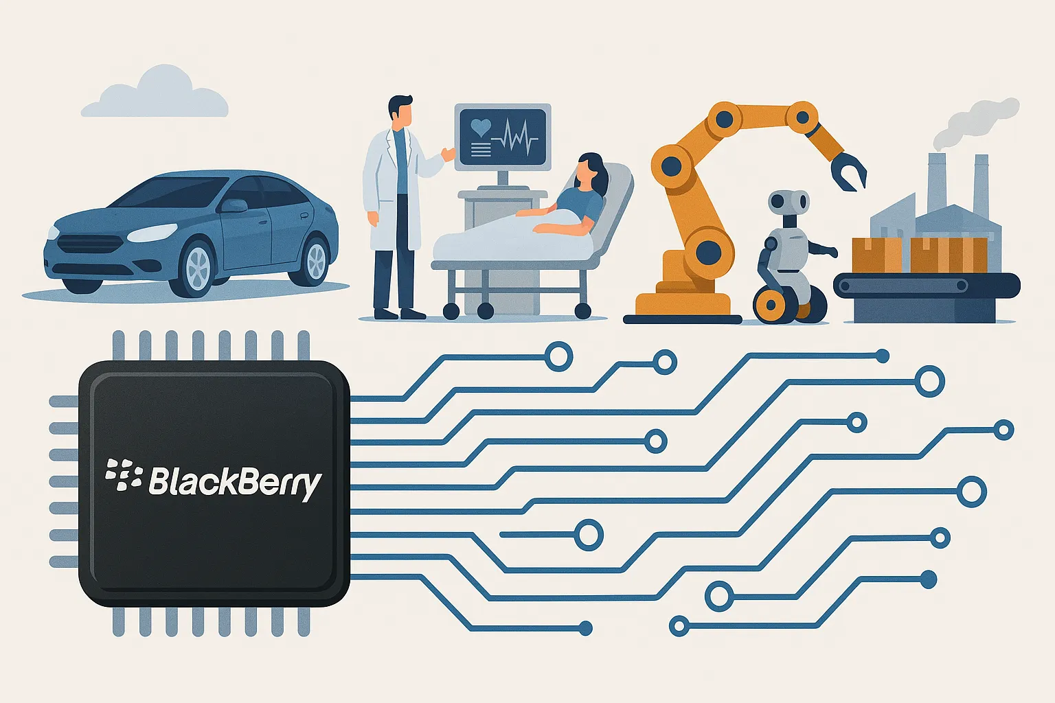 다양한 산업에 진출한 블랙베리를 시각적으로 표현한 일러스트. AI 생성 이미지