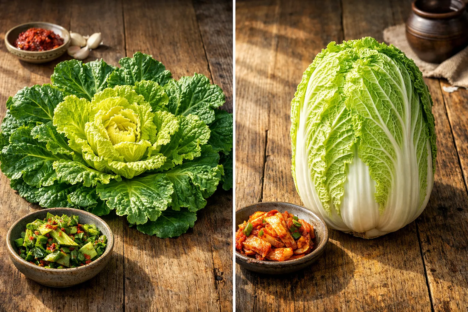 봄동과 배추를 비교한 이미지. AI 생성 이미지
