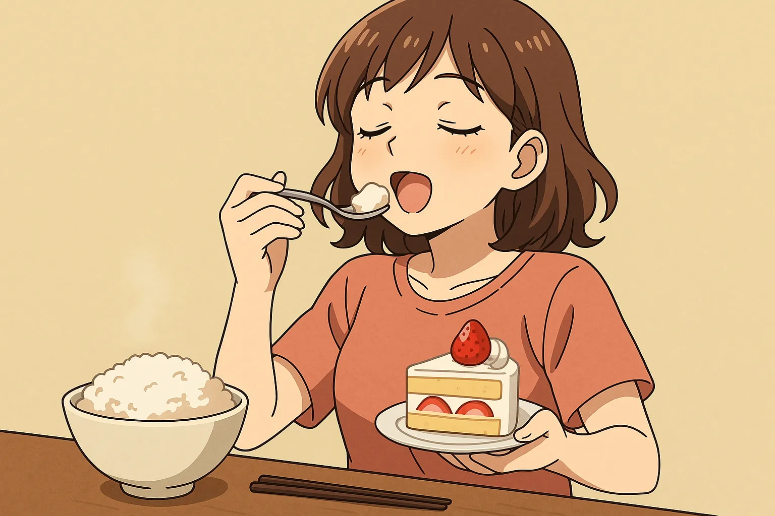 케이크를 먹는 애니메이션 스타일의 이미지. AI 생성 이미지.