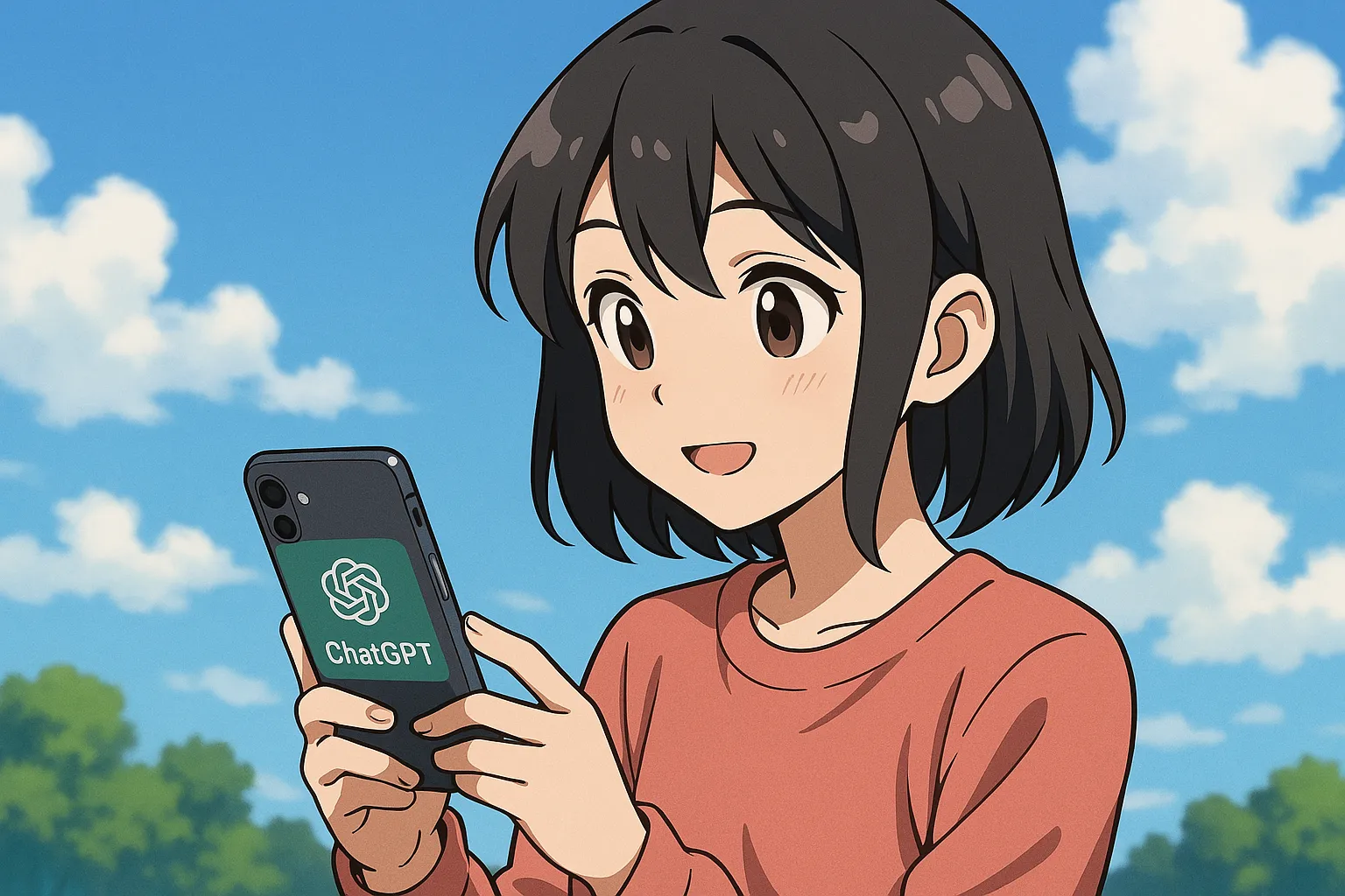 챗GPT를 이용하여 이미지를 생성하는 모습의 일본 애니메이션 스타일 이미지. AI 생성 이미지.