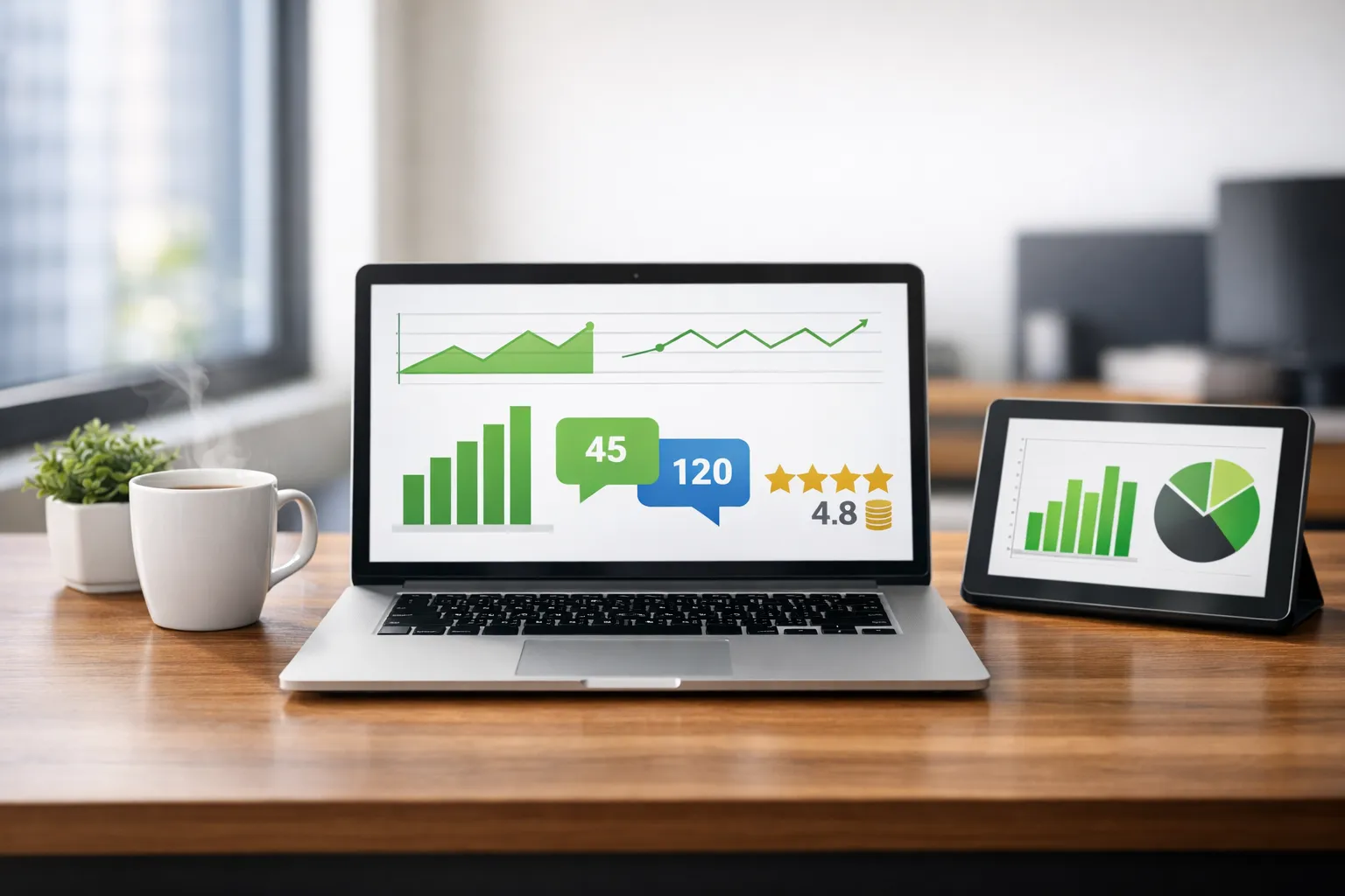 커뮤니티 운영 성과와 수익 지표가 표시된 대시보드 화면의 노트북이 놓인 현대적이고 깔끔한 책상 풍경. AI 생성 이미지.