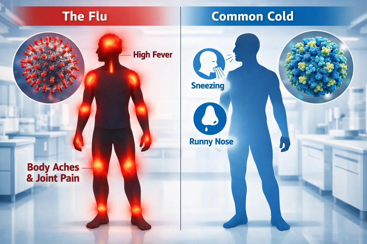 독감과 감기의 차이점을 표현한 일러스트. AI 생성 이미지