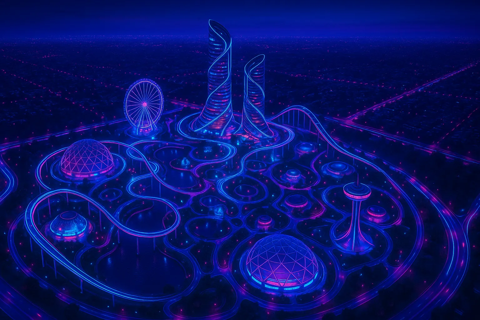 AI가 생성한 미래형 테마 파크 이미지. 실제 테마파크와 관련 없음.