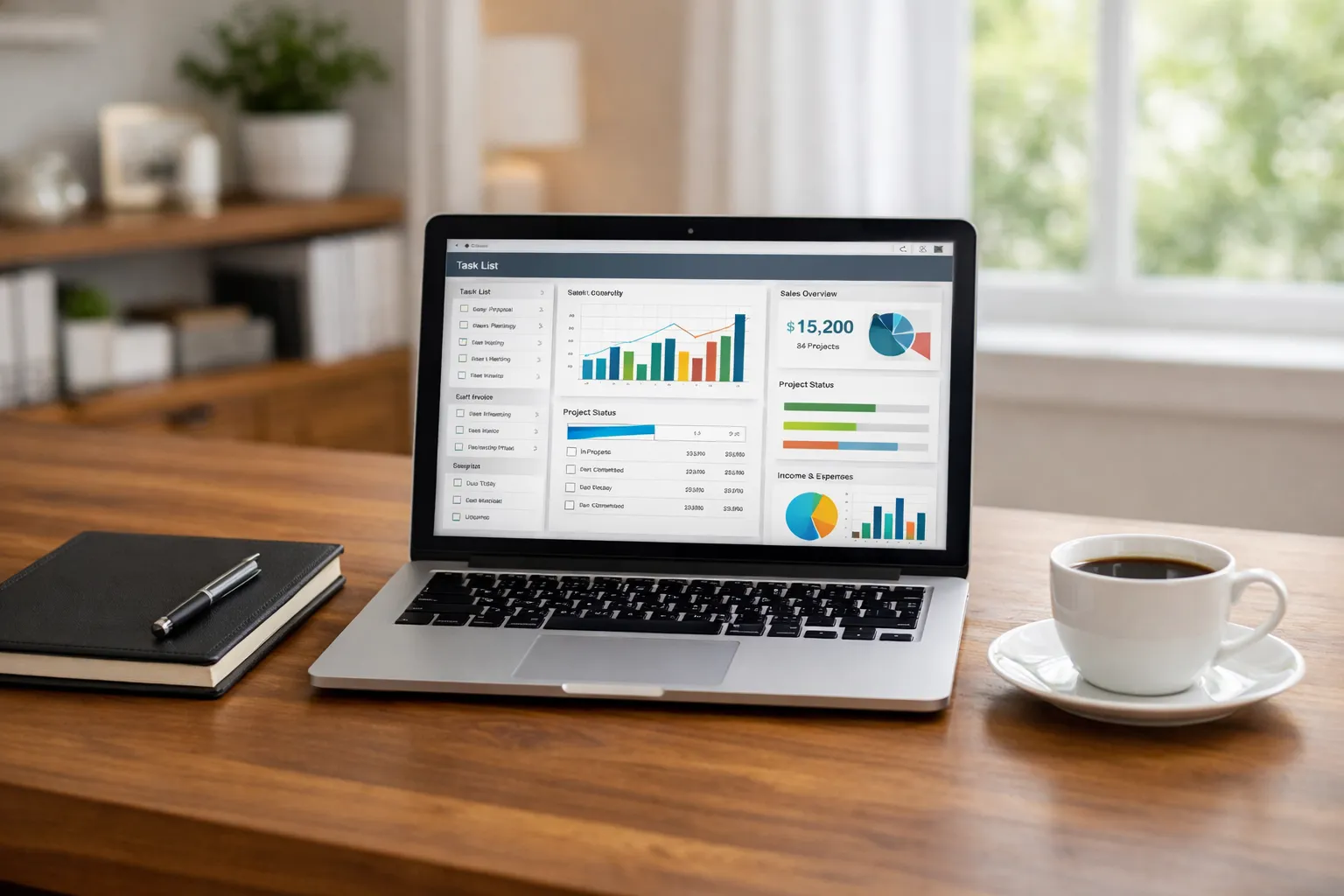 현대적이고 깔끔한 프리랜서 업무 공간의 책상 위에 놓인 노트북과 업무용 대시보드 화면. AI 생성 이미지.