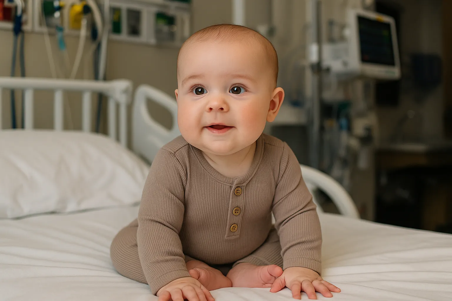 병원 침대에 앉아 있는 아기 이미지. 실제 인물과 관련 없음. AI 생성 이미지.