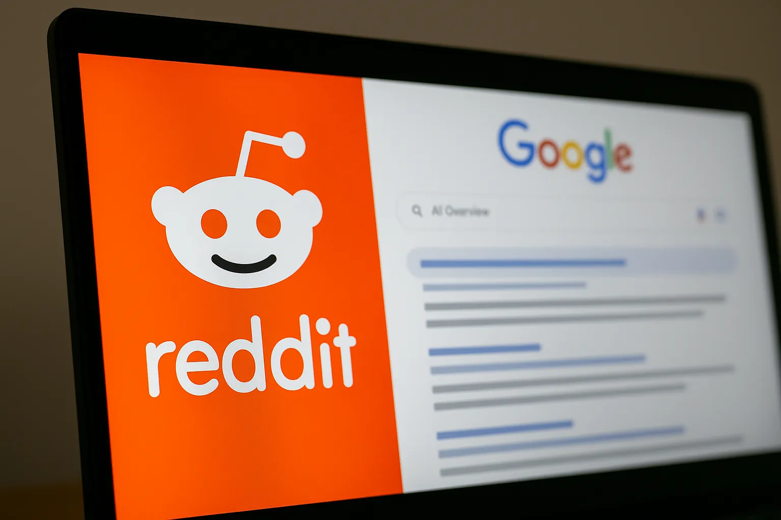 왼쪽에는 레딧 로고 우측에는 구글 AI 검색이 표현된 이미지. AI 생성 이미지.