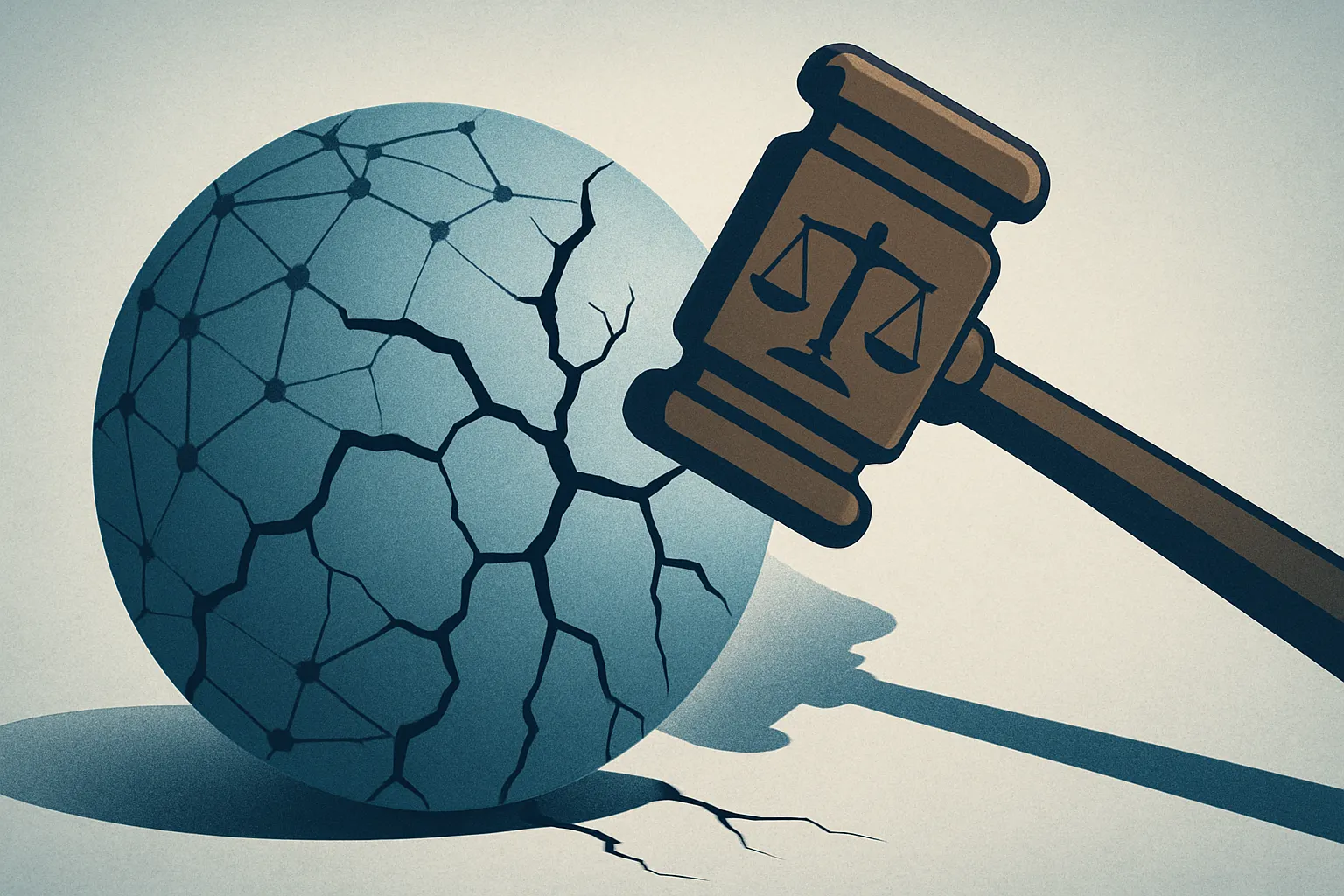 웹을 상징하는 거대한 구체가 법의 상징인 저울 문양의 망치에 의해 균열을 일으키는 장면을 묘사한 그래픽 일러스트. AI 생성 이미지.