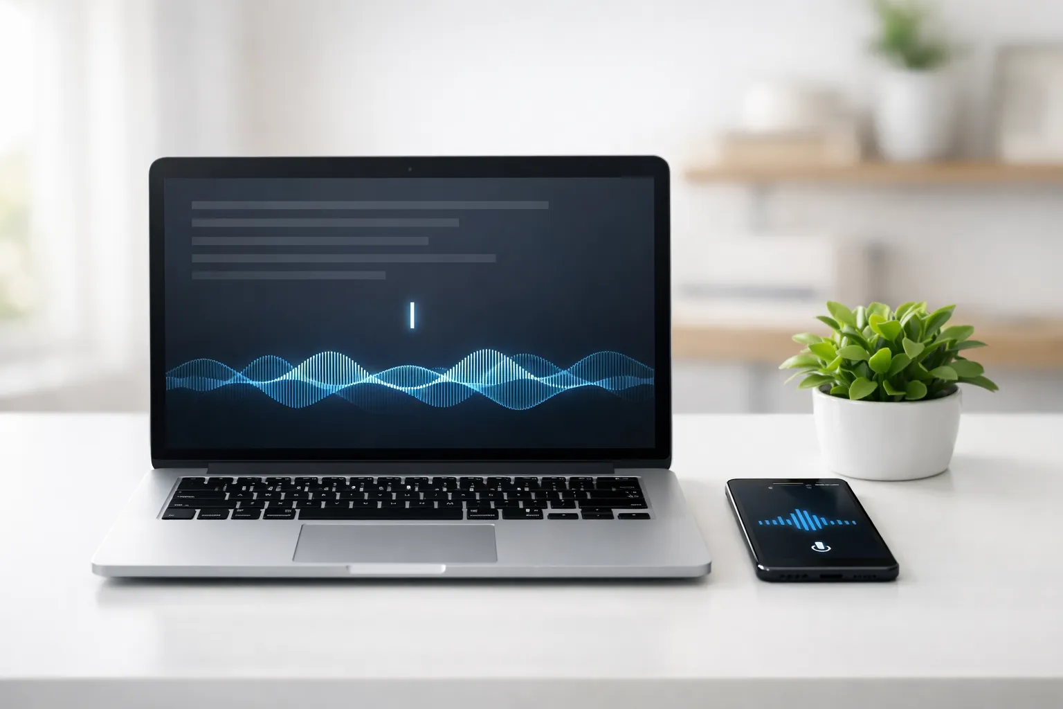 책상에 노트북과 스마트폰을 표현한 이미지. AI 생성 이미지