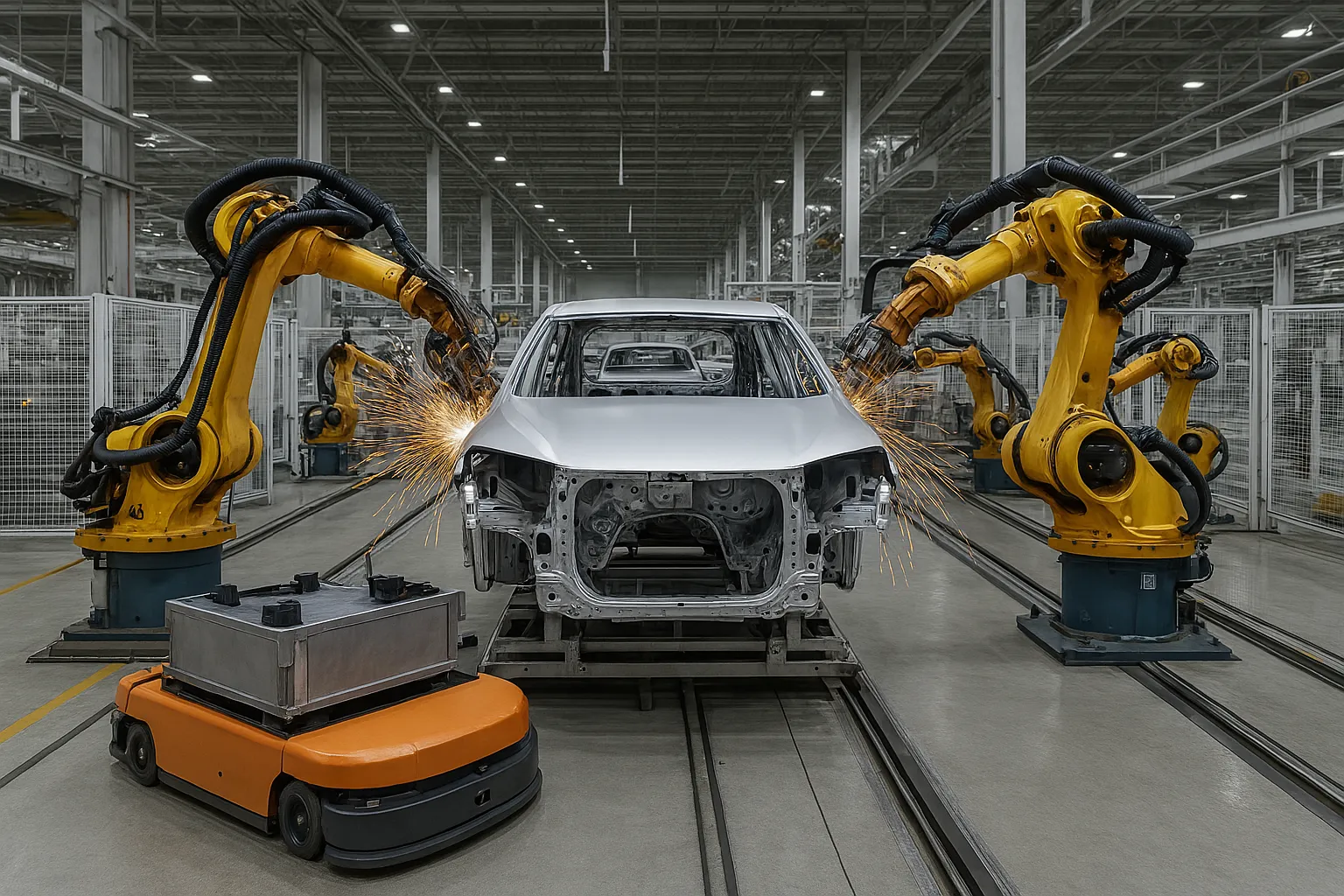 AI와 자동화가 이루어진 자동차 공장을 표현한 이미지. AI 생성 이미지.