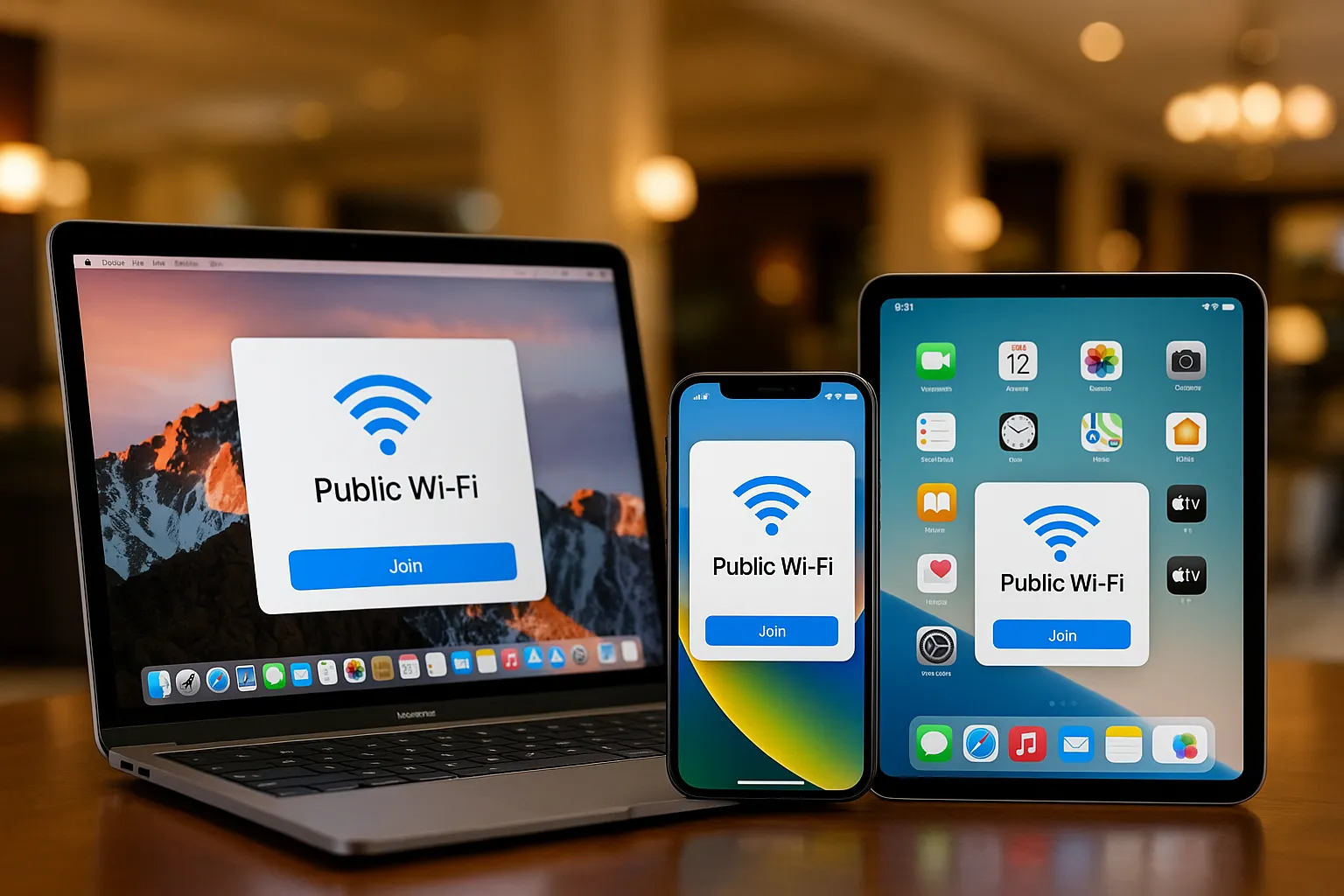 맥북, 아이폰, 아이패드에 와이파이가 동기화 되는 것을 표현한 이미지. AI 생성 이미지.