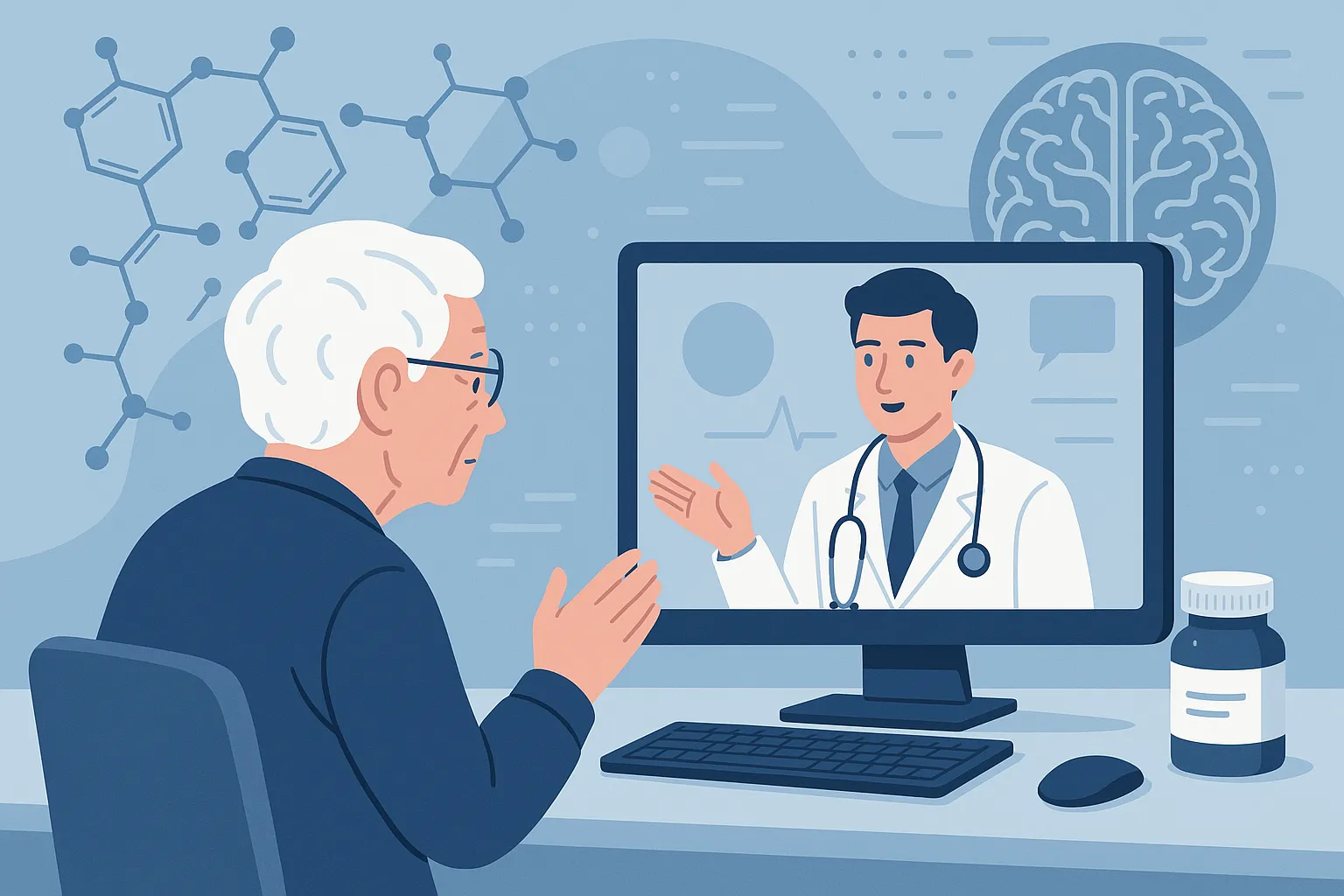 노년층이 원격으로 의사와 상담하며 알츠하이머 상담을 받는 일러스트. AI 생성