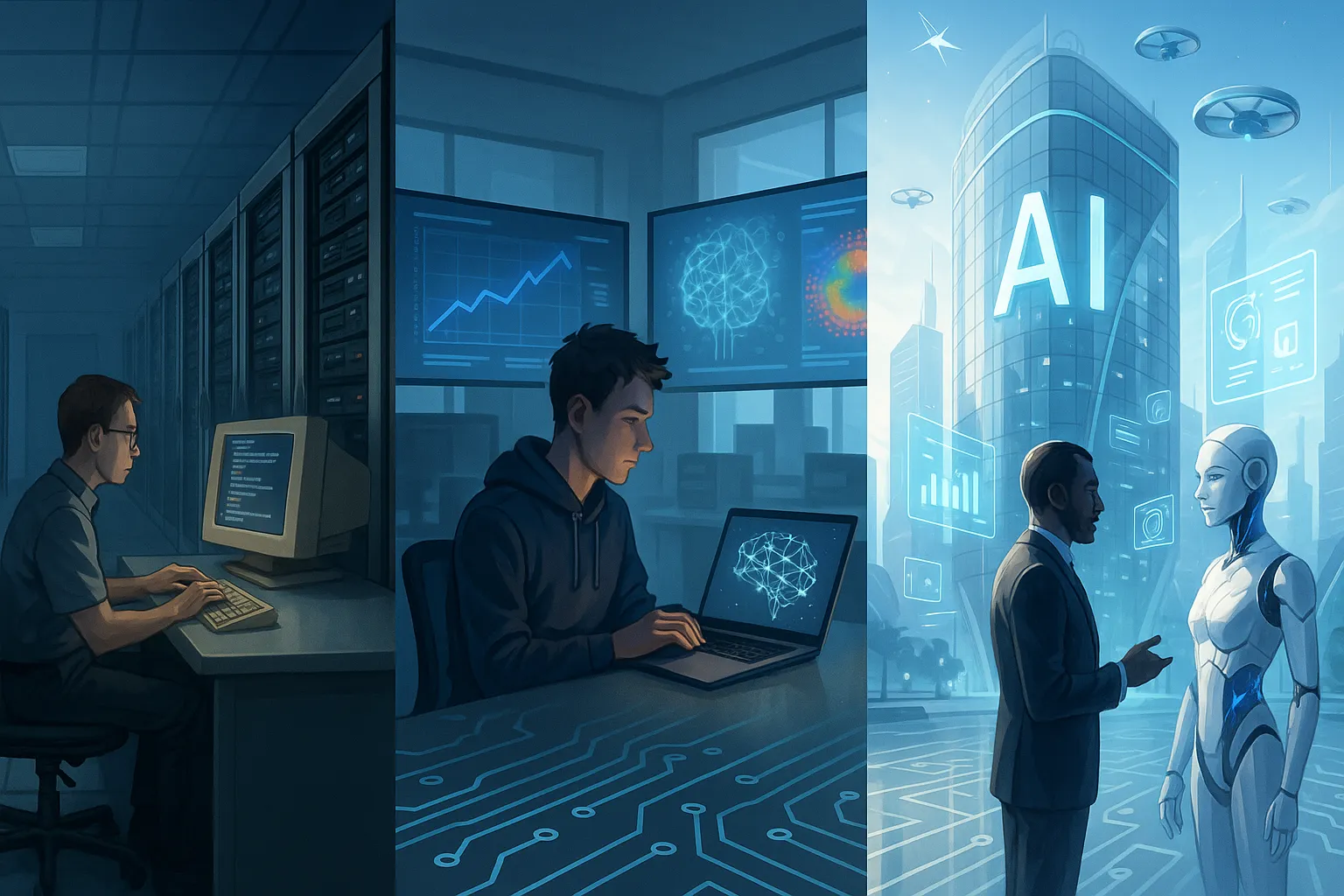 2000년대, 2020년대, 2040년대의 기술 발전을 표현한 일러스트. AI 생성 이미지.