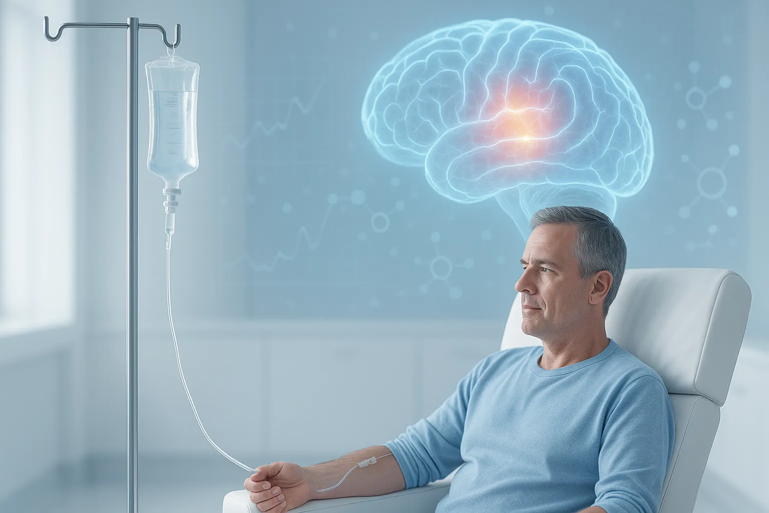 남성이 IV 주사를 맞고 있는 장면을 표현한 이미지. AI 생성 이미지.