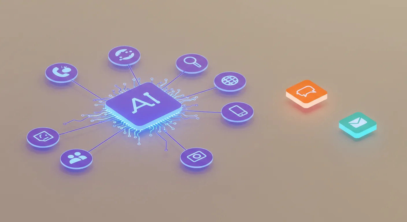 다양한 서비스들이 AI에 통합되는 것을 표현한 그래픽 디자인. AI 생성 이미지