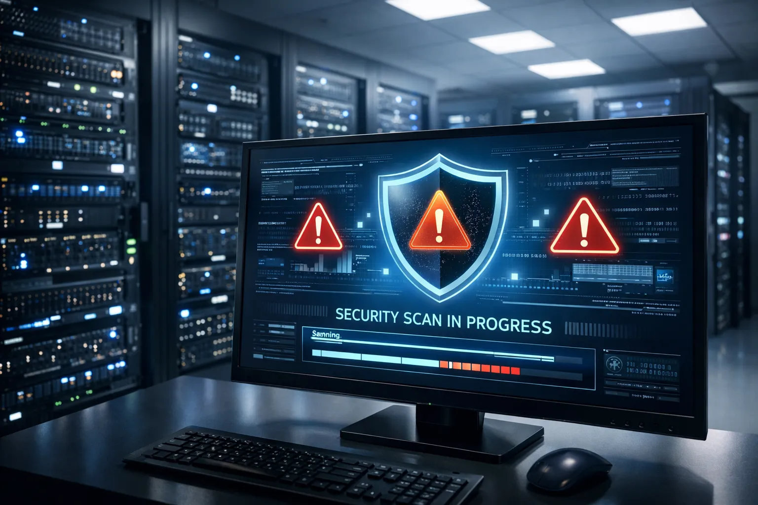마이크로소프트 디펜더 보안 경고가 표시된 현대적인 기업 데이터 센터 서버실의 모습. AI 생성 이미지.