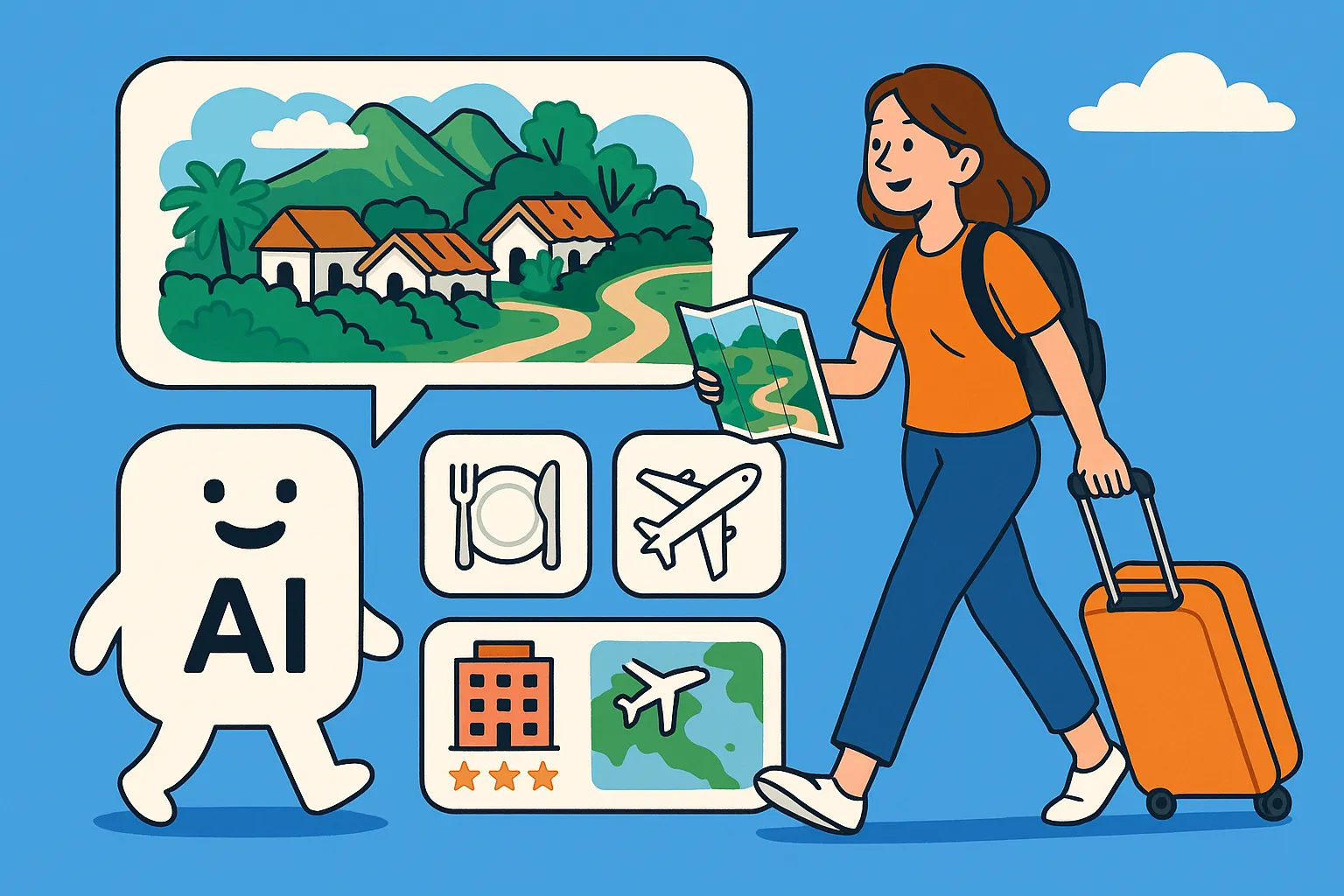 AI와 소통하며 여행 계획을 세우는 이미지. AI 생성 이미지