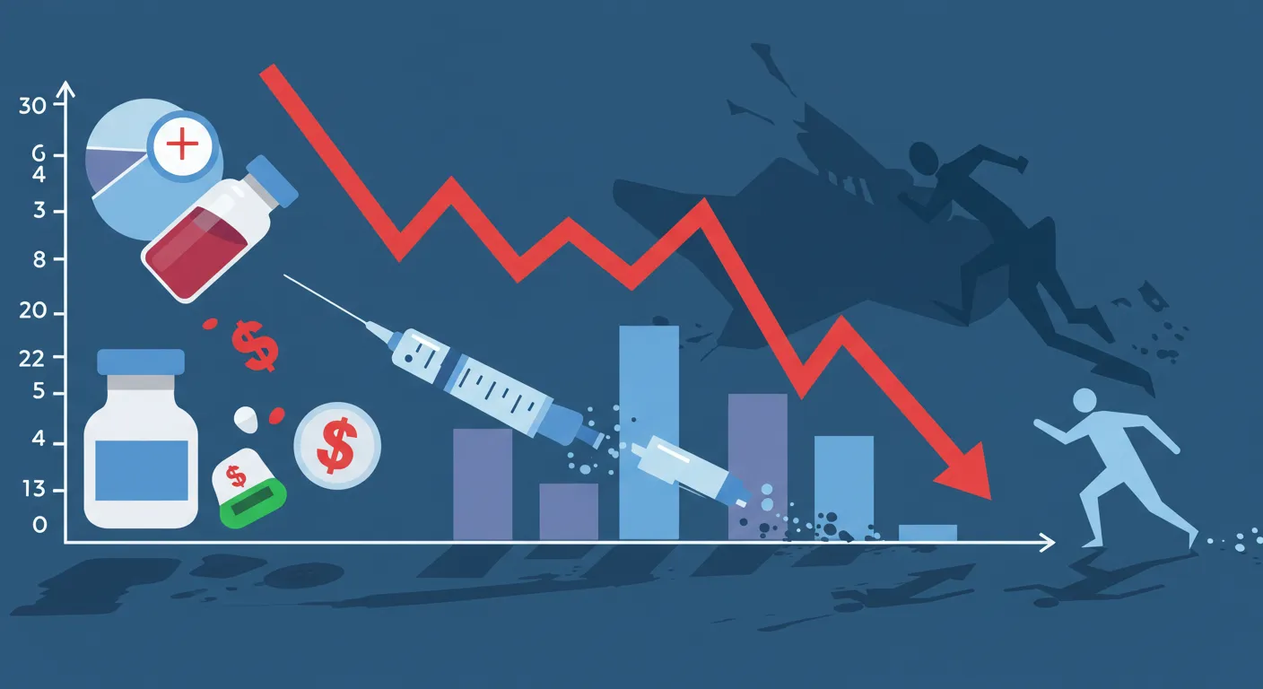 제약회사의 주가 하락과 경쟁 심화를 상징적으로 표현한 이미지. AI 생성