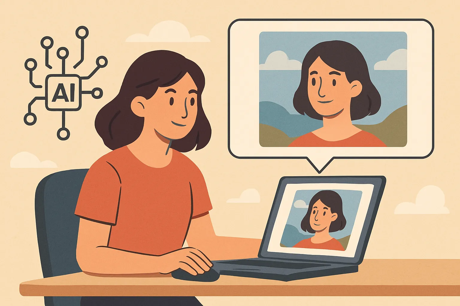 AI를 사용해 이미지를 생헝하는 모습을 표현한 일러스트 이미지. AI 생성 이미지