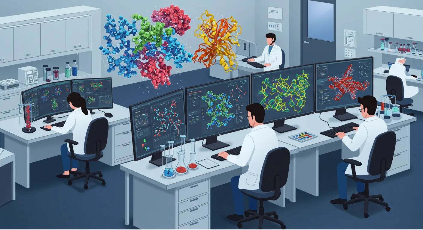 AI와 첨단 기술을 활용해 단백질 구조를 분석하는 연구소를 표현한 이미지. AI 생성 이미지.
