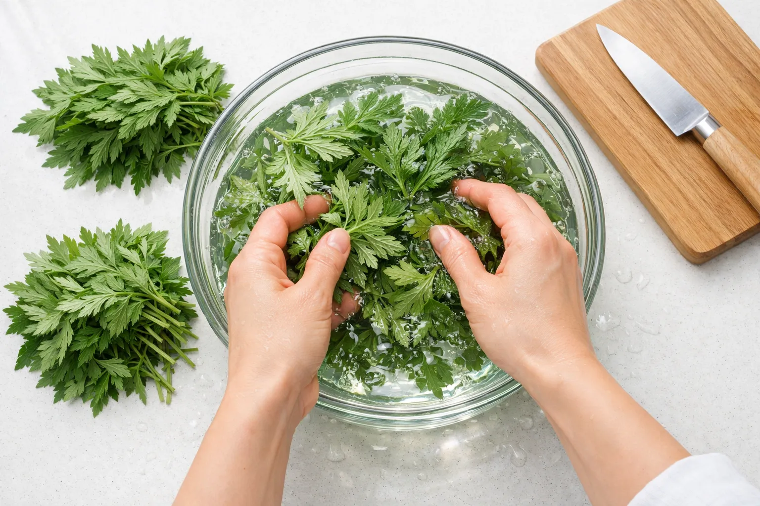 쑥을 손질하는 이미지. AI 생성.