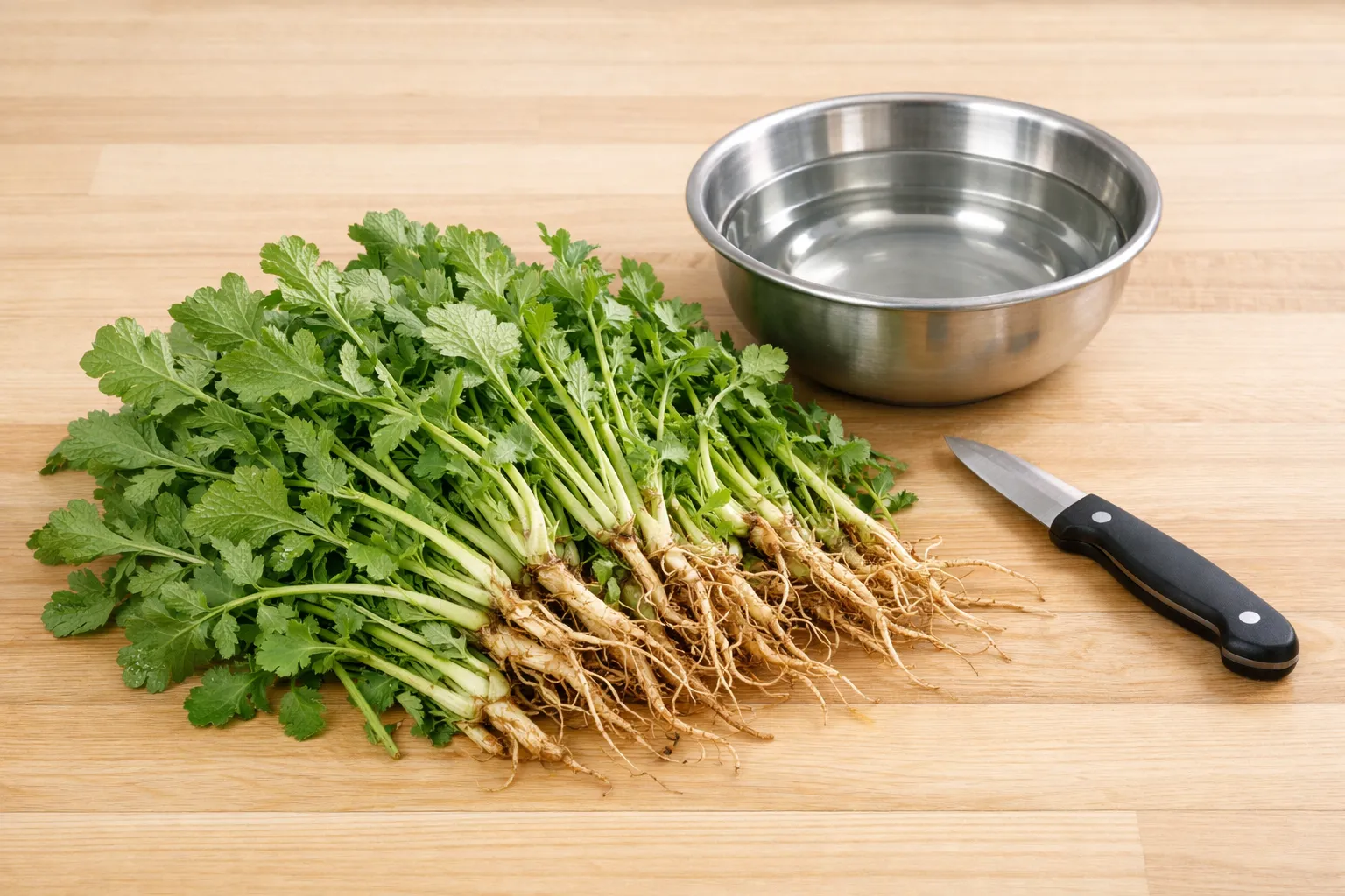 깨끗한 주방 조리대 위에 놓인 신선한 냉이와 세척을 위한 물그릇 및 과도. AI 생성 이미지.