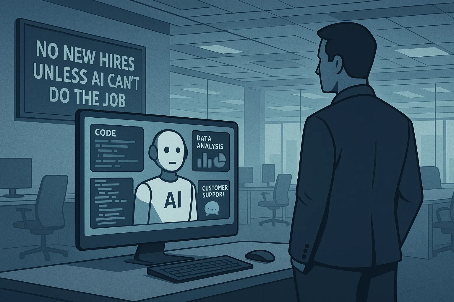 사무실에서 모든 업무는 AI가 처리하는 모습을 표현한 이미지. AI 생성 이미지