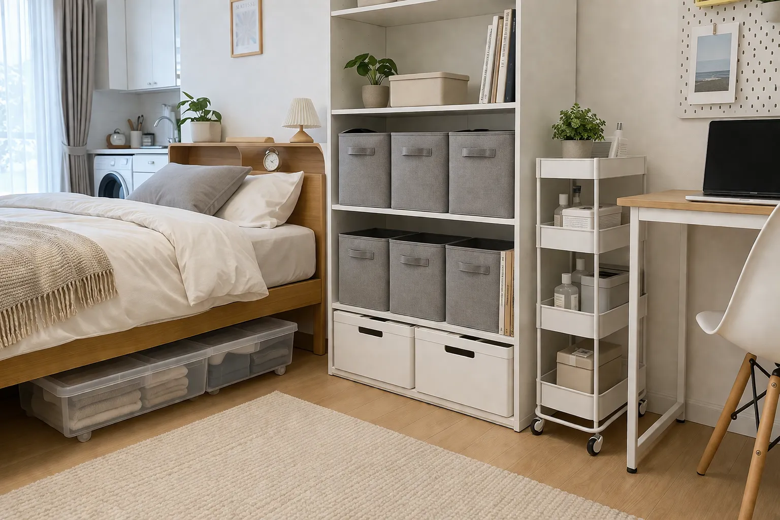 다양한 종류의 수납함을 활용해 깔끔하게 정리된 현대적인 원룸 인테리어 모습. AI 생성 이미지.