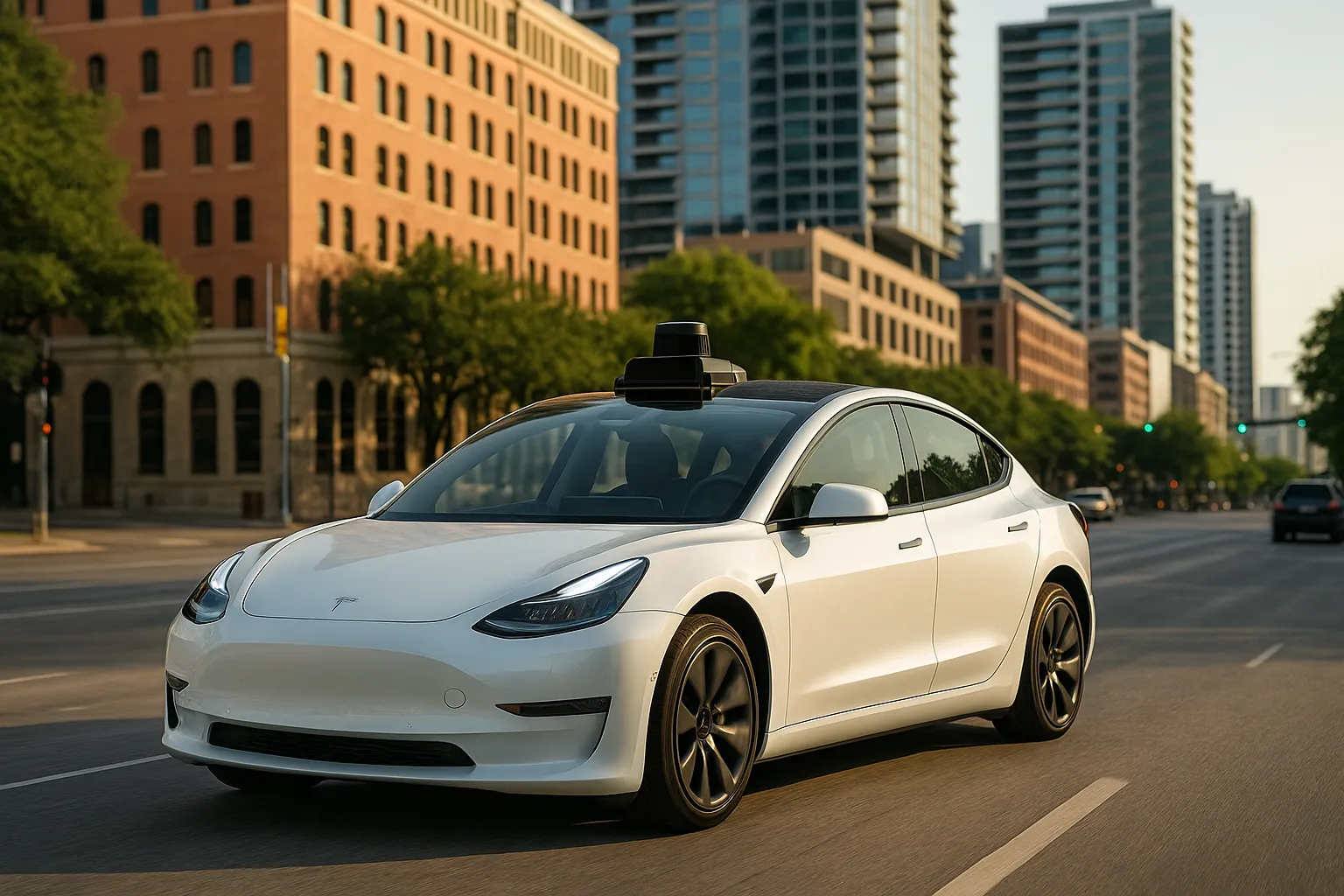 도로를 주행하고 있는 테슬라의 로보 택시. AI로 생성된 이미지. 실제 차량과 다름.