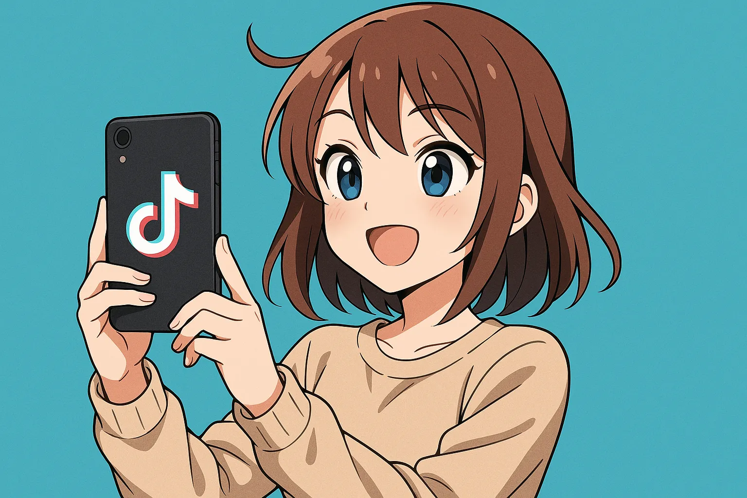 틱톡 촬영하는 일본 애니메이션 스타일 이미지. AI 생성 이미지