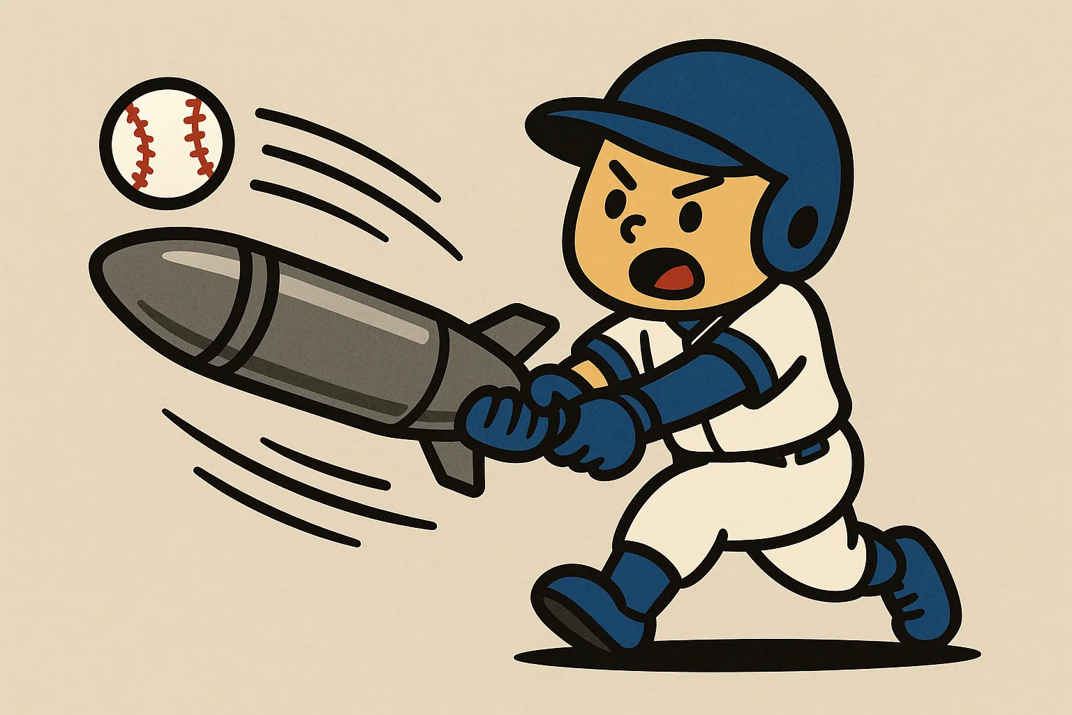 타자가 어뢰를 들고 타격하는 우스꽝스러운 일러스트 이미지. AI 생성 이미지