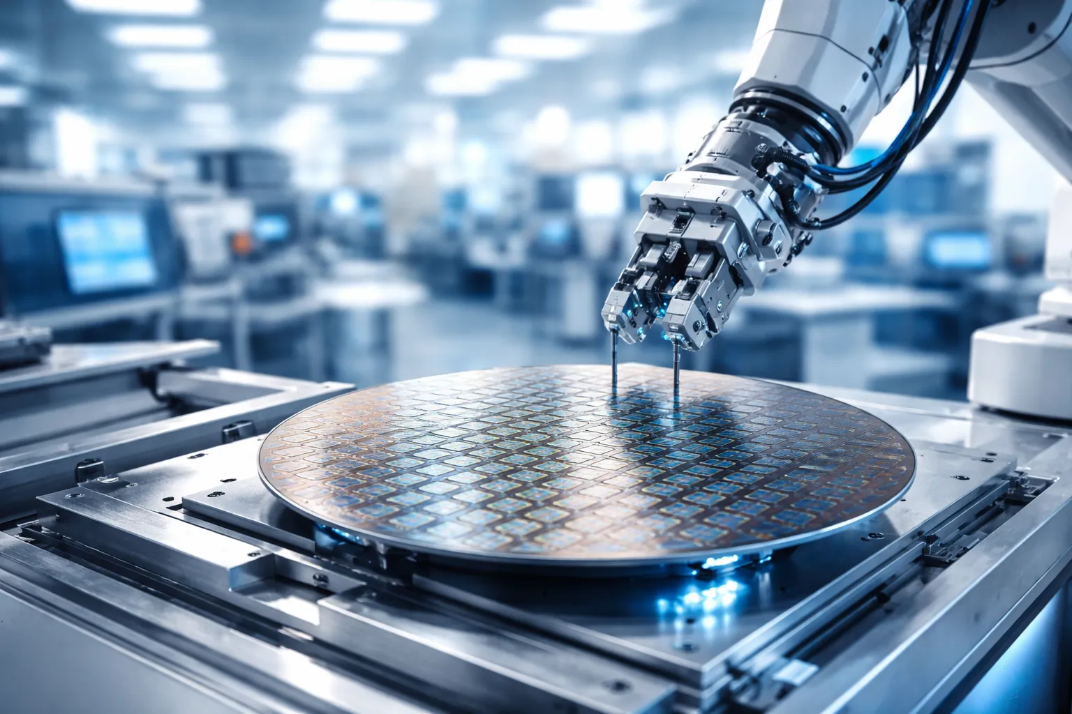 로봇 팔과 반도체 웨이퍼를 표현한 이미지. AI 생성 이미지