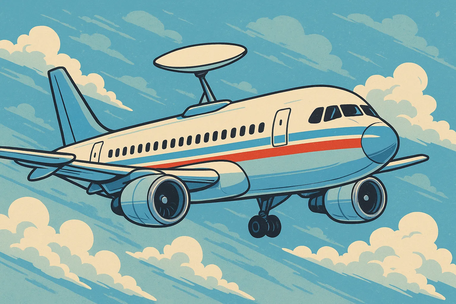 스타링크를 활용하는 비행기를 표현한 일러스트 이미지. AI 생성 이미지.