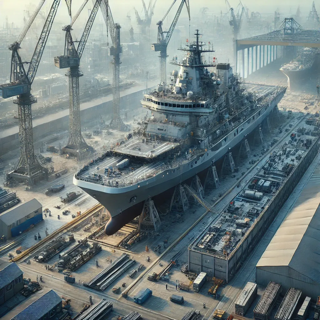 조선소에서 건조 중인 현대적인 해군 함정 이미지(AI 생성)